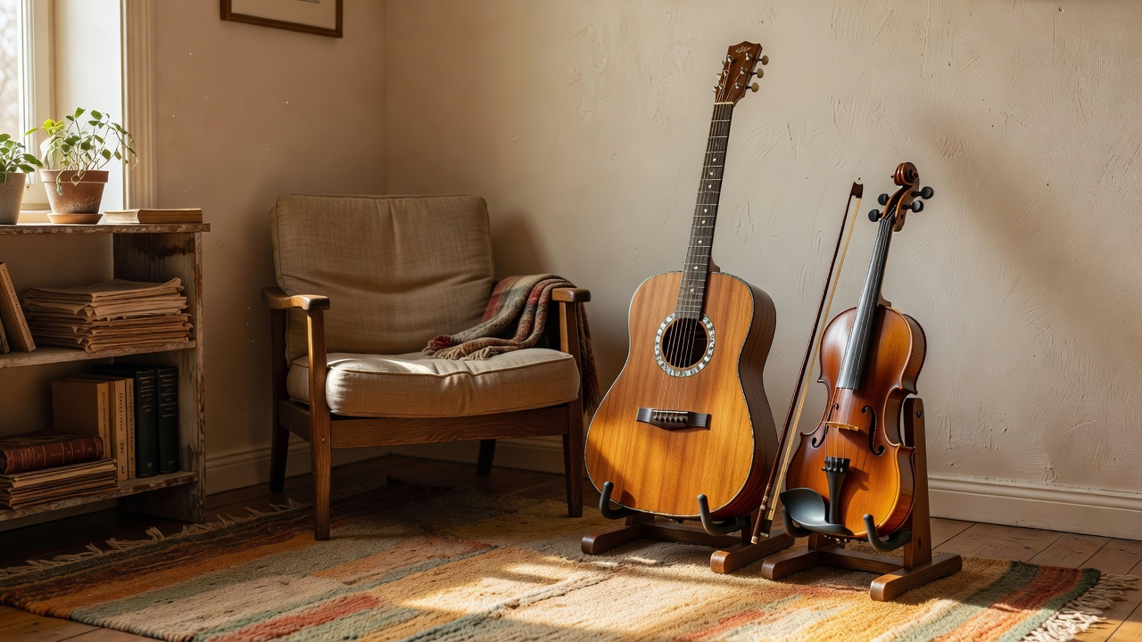 Acoustic guitar and violin in a quiet home music corner