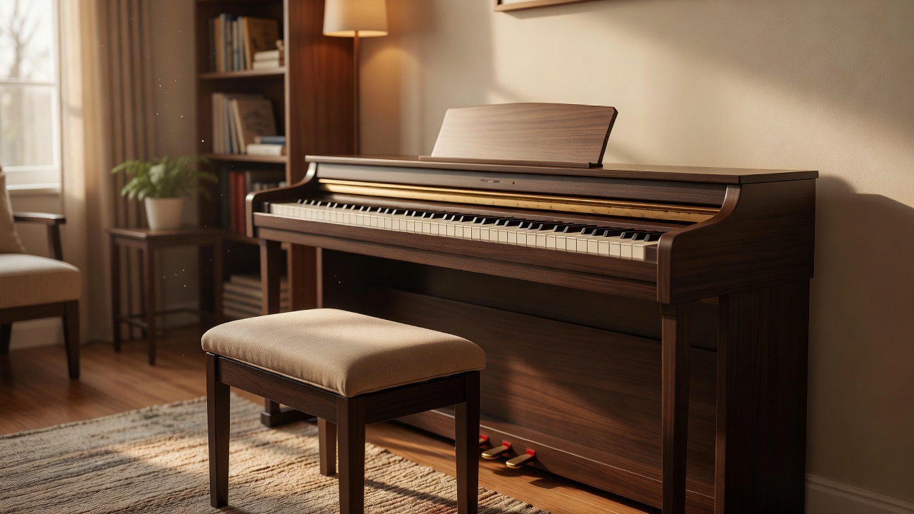 Digital piano with a stable seat in a warmly lit home practice space