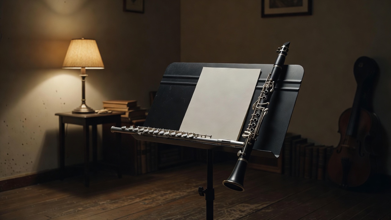 Flute and clarinet beside a music stand in a low-lit practice room