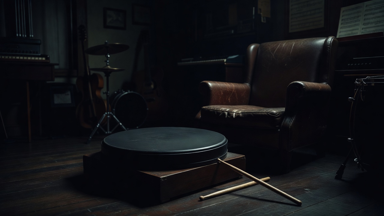 Practice pad and drumsticks set beside a seat in a shadowy music room